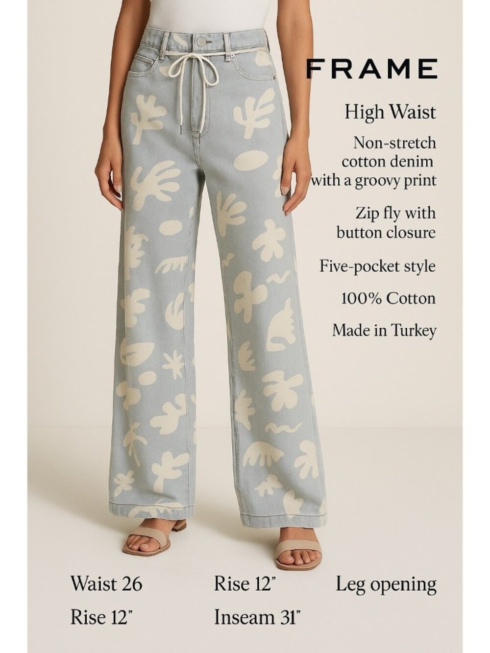 FRAME High Waist Baggy Jeans Tropical Chambray Abstract Size 25 Wide Leg Cotton - Picture 2 of 11